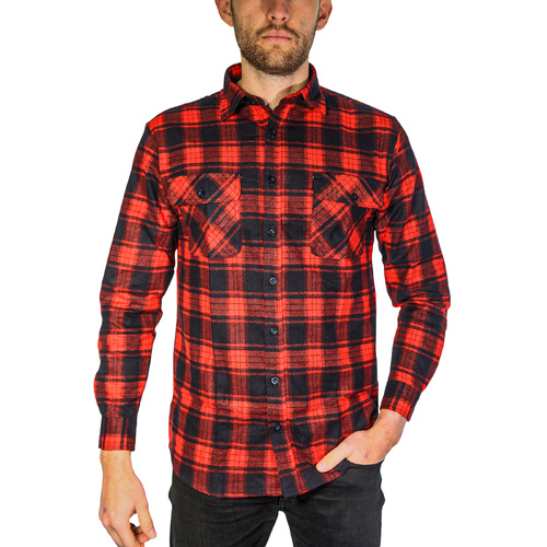 Mens Flannelette Long Sleeve Shirt 100% Cotton Check Authentic Flannel - Full Placket - Red - 9XL - Main Image