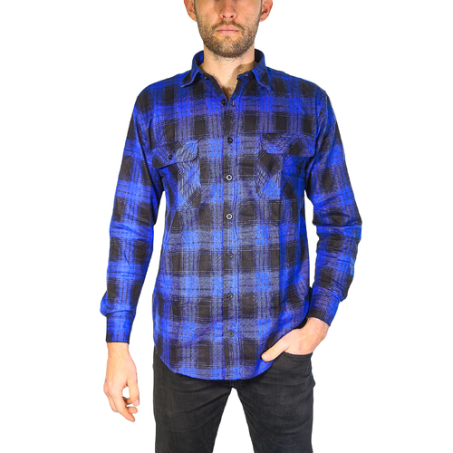 Mens Flannelette Long Sleeve Shirt 100% Cotton Check Authentic Flannel - Full Placket - Royal Blue - L - Main Image