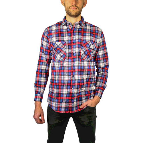 Mens Flannelette Long Sleeve Shirt 100% Cotton Check Authentic Flannel - Full Placket - Navy/Red/White - 3XL - Main Image
