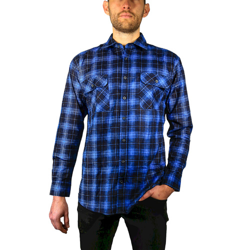 Mens 100% Cotton Flannelette Shirt Long Sleeve Check Authentic Flannel - Blue - 3XL - Main Image