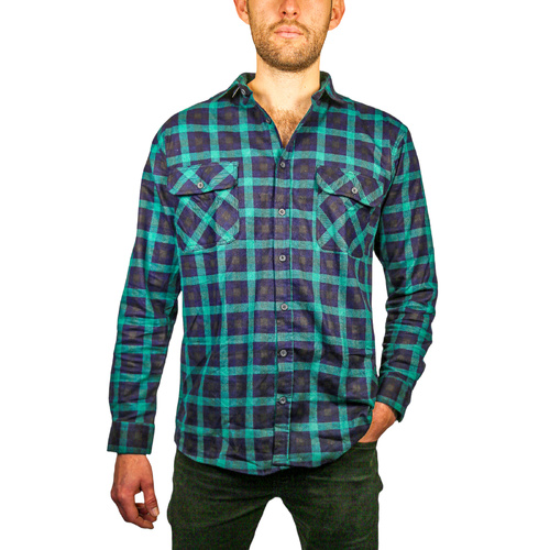 Mens 100% Cotton Flannelette Shirt Long Sleeve Check Authentic Flannel - Green/Navy - 5XL - Main Image