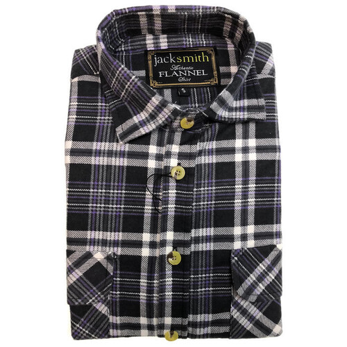 Mens Half Placket Flannelette Long Sleeve Pullover Shirt 100% Cotton Check Authentic Flannel  - Black/Purple - S - Main Image