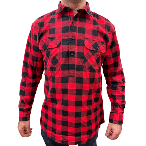 Mens Flannelette Long Sleeve Pullover Shirt 100% Cotton Flannel - Half Placket - Red/Black - XXL - Main Image