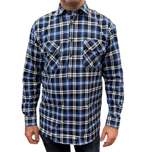 Mens Flannelette Long Sleeve Pullover Shirt 100% Cotton Flannel - Half Placket - Blue/Black - 8XL - Main Image