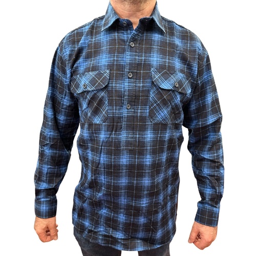Mens Flannelette Long Sleeve Pullover Shirt 100% Cotton Flannel - Half Placket - Blue - 6XL - Main Image