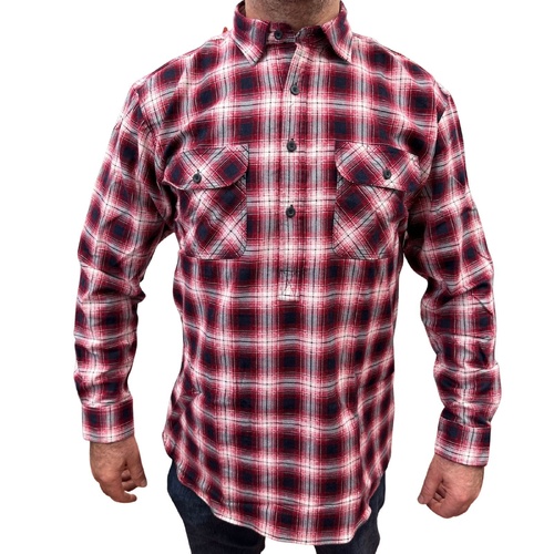 Mens Flannelette Long Sleeve Pullover Shirt 100% Cotton Flannel - Half Placket - Red/Black - 5XL - Main Image