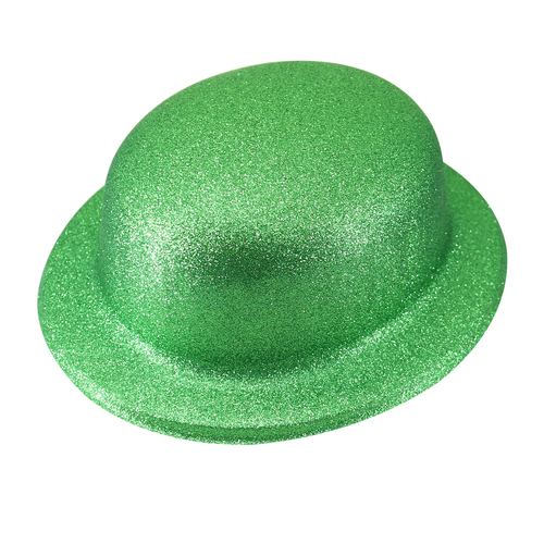GLITTER BOWLER HAT Fancy Party Plastic Costume Cap Fun Dress Up Sparkle - Green - Main Image