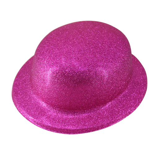 GLITTER BOWLER HAT Fancy Party Plastic Costume Cap Fun Dress Up Sparkle - Hot Pink - Main Image
