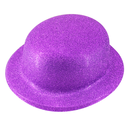 GLITTER BOWLER HAT Fancy Party Plastic Costume Cap Fun Dress Up Sparkle - Purple - Main Image