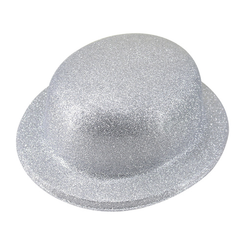 GLITTER BOWLER HAT Fancy Party Plastic Costume Cap Fun Dress Up Sparkle - White/Silver - Main Image
