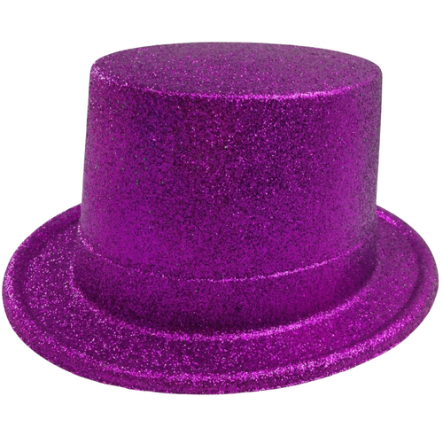 GLITTER TOP HAT Fancy Party Plastic Costume Tall Cap Fun Dress Up Sparkle - Purple - Main Image