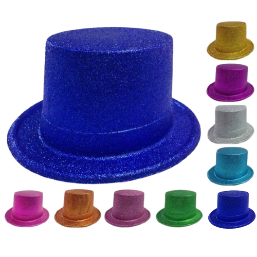GLITTER TOP HAT Fancy Party Plastic Costume Tall Cap Fun Dress Up Sparkle - Red - Main Image