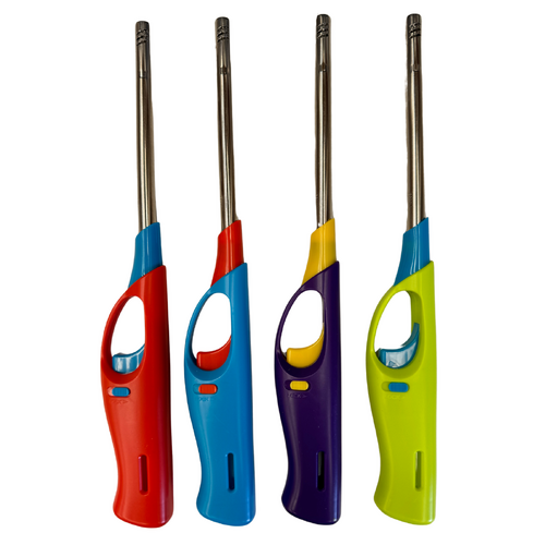 4x Long Gas Lighter for BBQ Kitchen Cigarette w/ Safety Lock - Assorted Colours - Main Image
