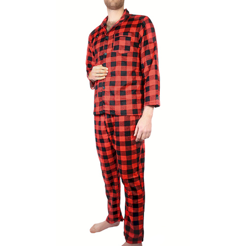 Mens Flannelette Pyjama Set Sleepwear Soft 100% Cotton PJs Two Piece Pajamas - Red - L - Main Image