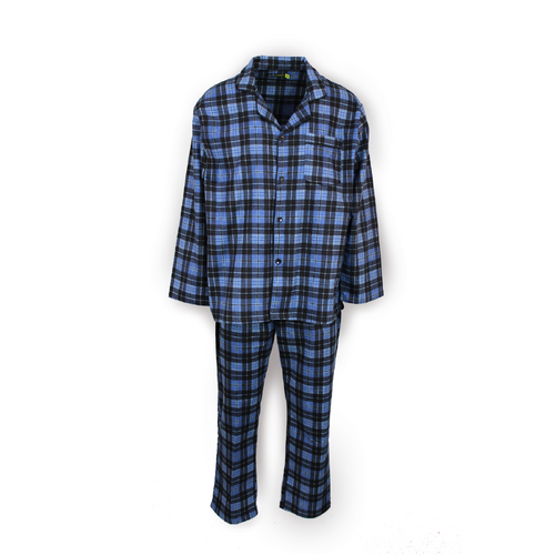 Mens Flannelette Pyjama Set Sleepwear Soft 100% Cotton PJs - Blue Check - XL - Main Image