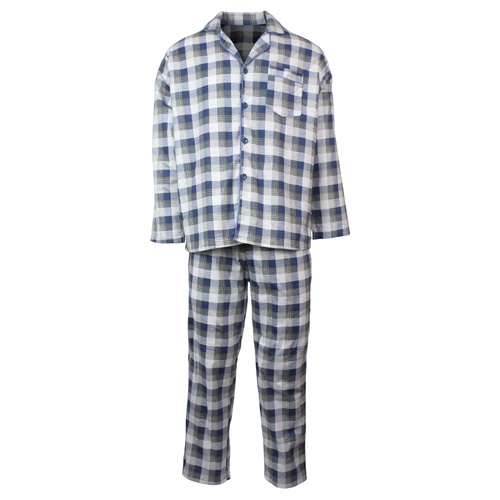 Mens Flannelette Pyjama Set Sleepwear Soft 100% Cotton PJs Two Piece - Light Blue Check - S - Main Image