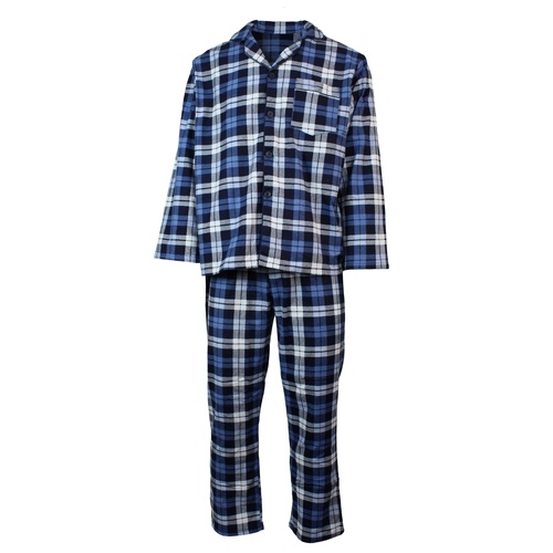 Mens Flannelette Pyjama Set Sleepwear Soft 100% Cotton PJs Two Piece - Blue/Multi Check - XL - Main Image