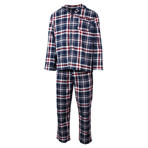Mens Flannelette Pyjama Set Sleepwear Soft 100% Cotton PJs Two Piece - Navy/Red Check - L - Main Image