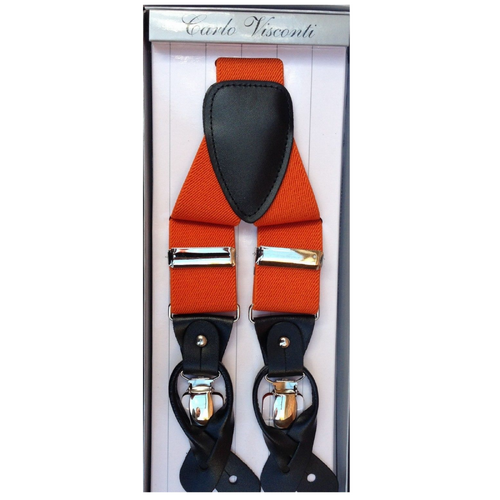 Mens Premium Convertible Suspenders Braces Clip On Elastic Y-Back Traditional Leather Tab - Orange - Main Image