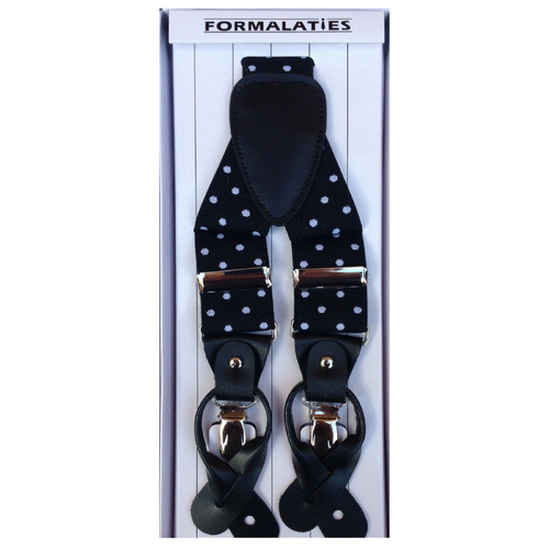 Mens Premium Convertible Suspenders Braces Clip On Elastic Y-Back Traditional Leather Tab - Polka Black/White - Main Image