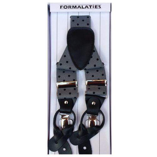 Mens Premium Convertible Suspenders Braces Clip On Elastic Y-Back Traditional Leather Tab - Polka Grey/Black - Main Image