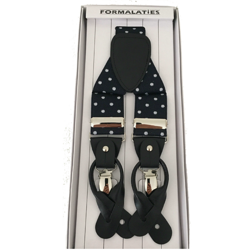 Mens Premium Convertible Suspenders Braces Clip On Elastic Y-Back Traditional Leather Tab - Polka Navy/White - Main Image