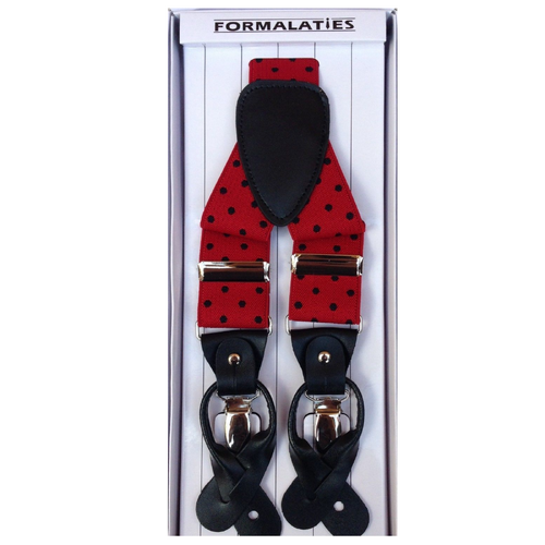 Mens Premium Convertible Suspenders Braces Clip On Elastic Y-Back Traditional Leather Tab - Polka Red/Black - Main Image