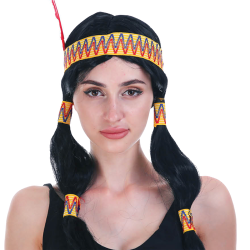 Womens Native American Wig w/ Red Feather Pigtail Indian Party Costume Hair - Main Image