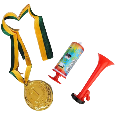 1st Gold Medal Winner + Air Horn Party Set School Sports Day Olympics Ribbon - Main Image