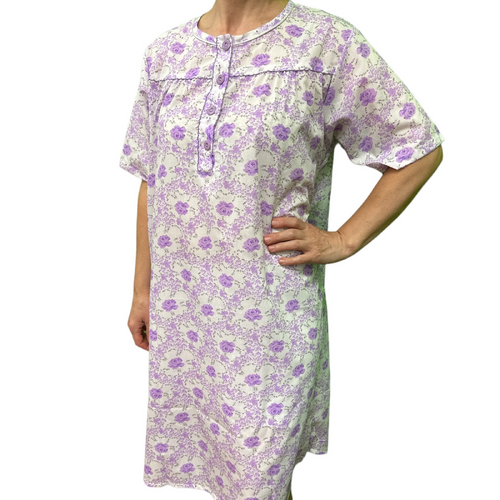 Womens 100% Cotton Short Sleeve Nightie Gown Night Sleepwear Pyjamas PJ Pajamas - Lilac - 14 - Main Image