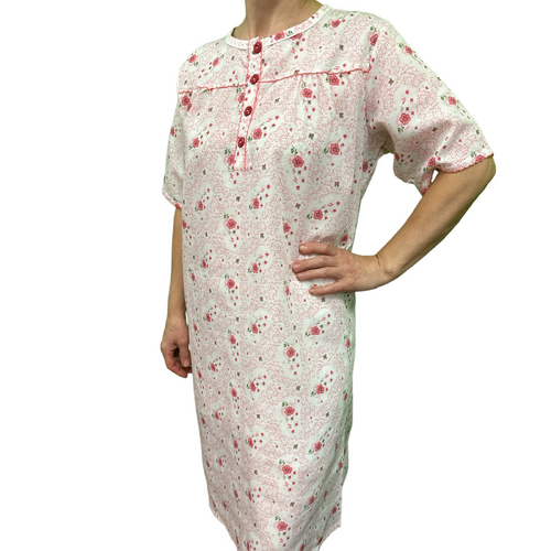 Womens 100% Cotton Short Sleeve Nightie Gown Night Sleepwear Pyjamas PJ Pajamas - Pink - 12 - Main Image