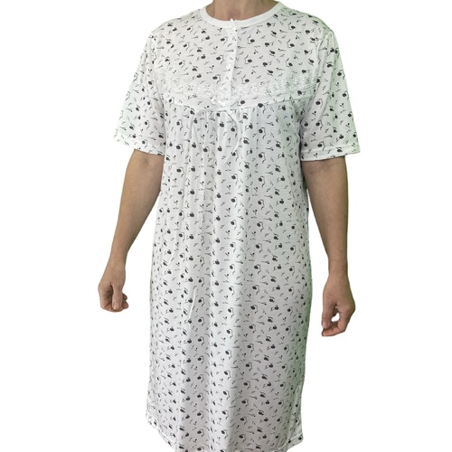 Womens Ladies Cotton Nightie Night Gown Slip Petticoat PJs Sleepwear Dress - White/Purple - 18 - Main Image