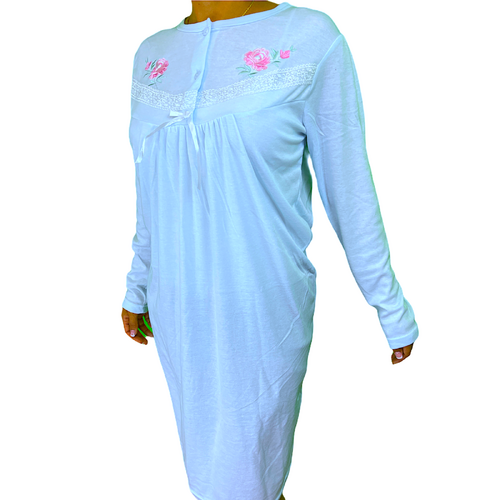 Womens Ladies Cotton Nightie Night Gown Pajamas Pyjamas Sleepwear PJ - Blue - 12 - Main Image