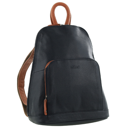 Milleni Genuine Italian Leather Soft Nappa Leather Backpack Bag Travel - Black/Cognac - Main Image