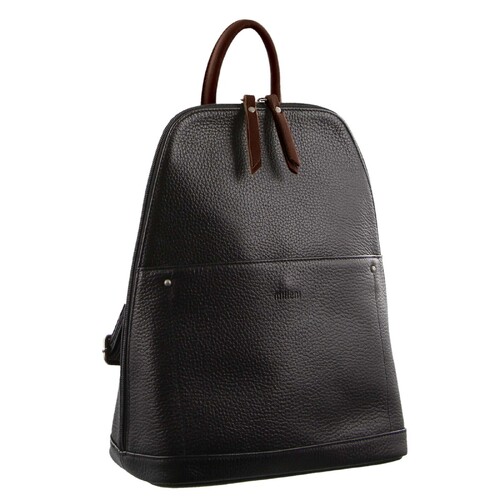 Milleni Ladies Genuine Italian Leather Backpack Bag Twin Zip - Black/Chestnut - Main Image