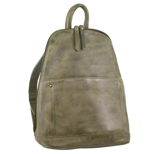 Milleni Ladies Genuine Italian Leather Backpack Bag Twin Zip - Olive - Main Image