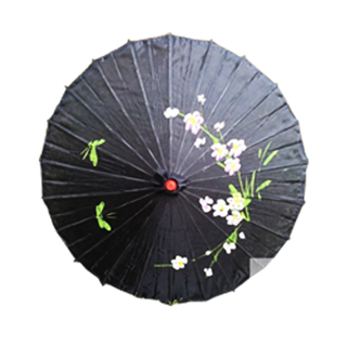 PARASOL UMBRELLA Chinese Japanese Bamboo Flower Pattern Fabric 80cm Diameter - Black - Main Image