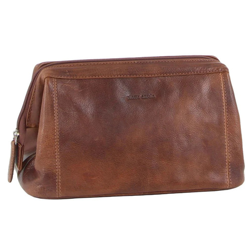 Pierre Cardin Mens Rustic Leather Toiletry Case Bag Travel - Cognac - Main Image