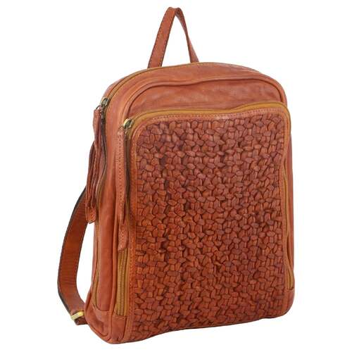 Pierre Cardin Woven Leather Ladies Backpack Bag Travel Satchel Zip - Cognac - Main Image