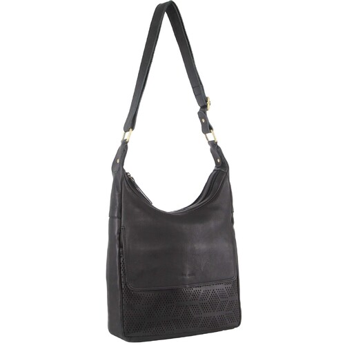 Pierre Cardin Womens Large Leather Multi Zip Perforated Cross-Body Bag - Black - Main Image