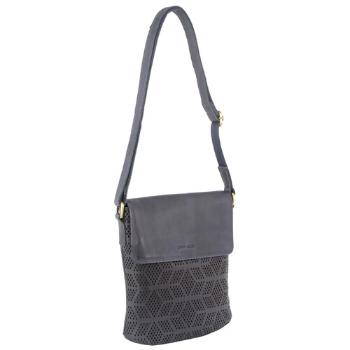 Pierre Cardin Leather Perforated Cross-Body Bag with Flap Closure - Teal - Main Image