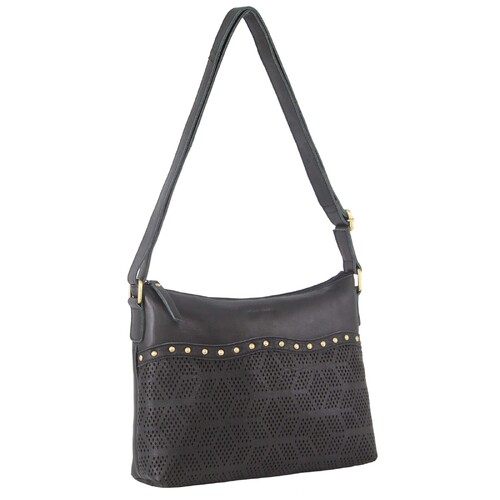 Pierre Cardin Womens Leather Perforated Cross-Body Bag with stud Detailing - Black - Main Image