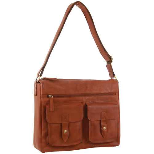 Pierre Cardin Leather Briefcase Bag Tote 13" Laptop Rustic Satchel Travel - Cognac - Main Image