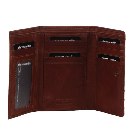 Pierre Cardin Stich Design Leather Ladies Large Tri-Fold Wallet in Tan Brown - Main Image