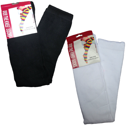 2 Pairs Ladies Over The Knee Socks Plain Black + White High Thigh Long Stockings - Main Image