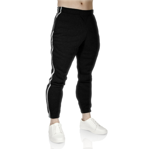Mens Fleece Skinny Track Pants Jogger Gym Casual Sweat Trackies Warm Trousers - Black/White Stripe - L - Main Image