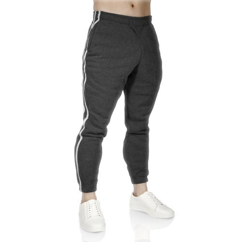 Mens Fleece Skinny Track Pants Jogger Gym Casual Sweat Trackies Warm Trousers - Charcoal Marle/White Stripe - S - Main Image