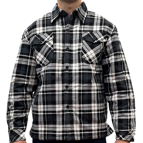 Mens QUILTED FLANNELETTE SHIRT 100% COTTON Flannel Jacket Padded Long Sleeve - Black/Charcoal/White (Quilted) - S - Main Image