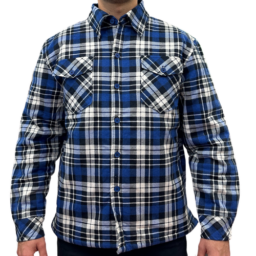 Mens QUILTED FLANNELETTE SHIRT 100% COTTON Flannel Jacket Padded Long Sleeve - Black/Navy/White (Quilted) - S - Main Image