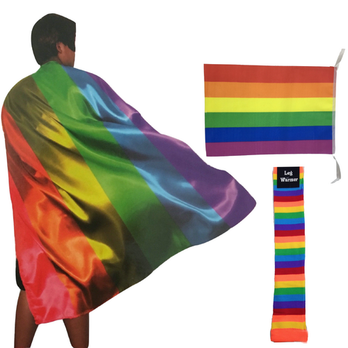 3x Set Rainbow Leg Warmers + Deluxe Cape + Bunting Flag Lesbian Gay Costume - Main Image